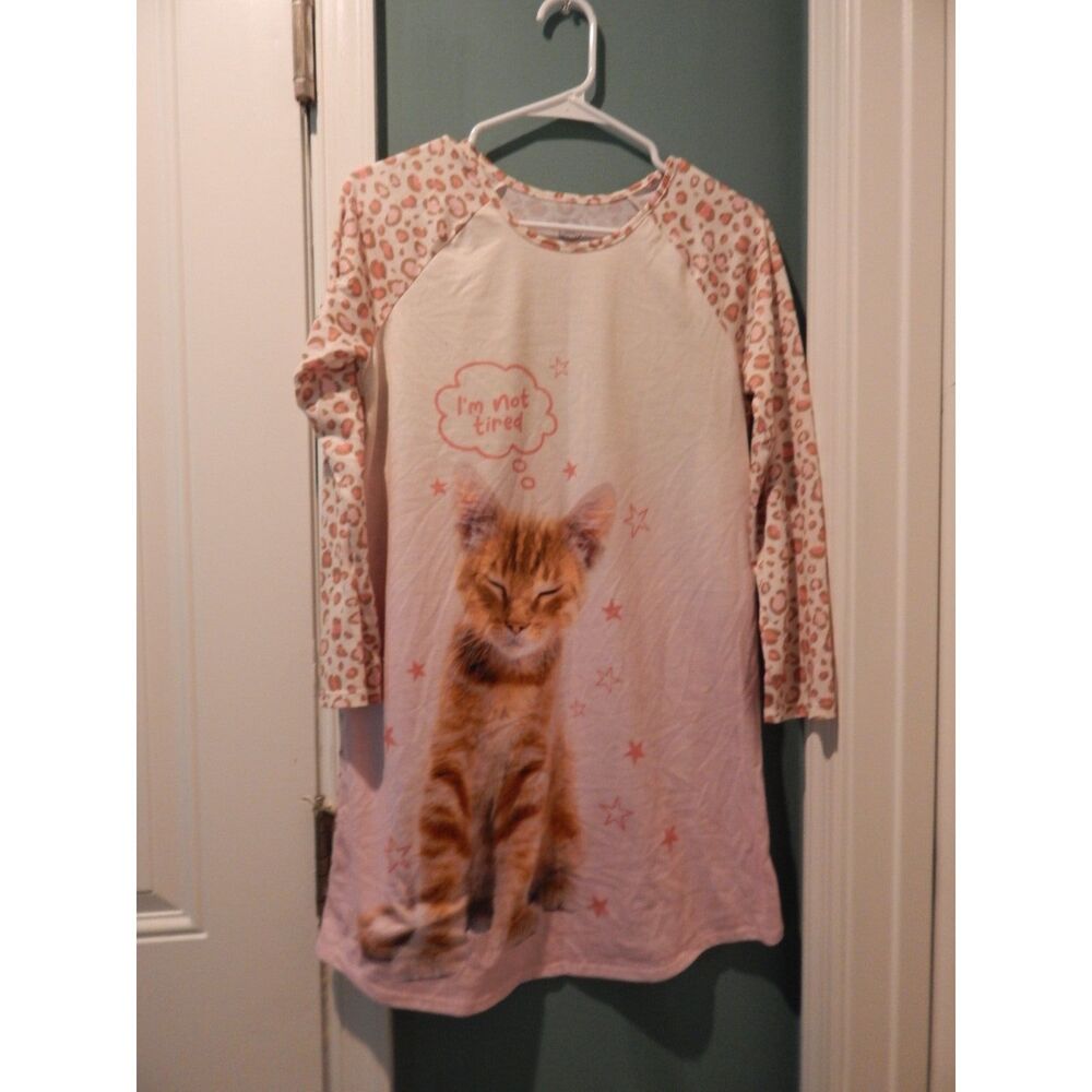 Wonder Nation Girls XL 14/16 Pink Cream Leopard I'm Not Tired Kitten Nightgown